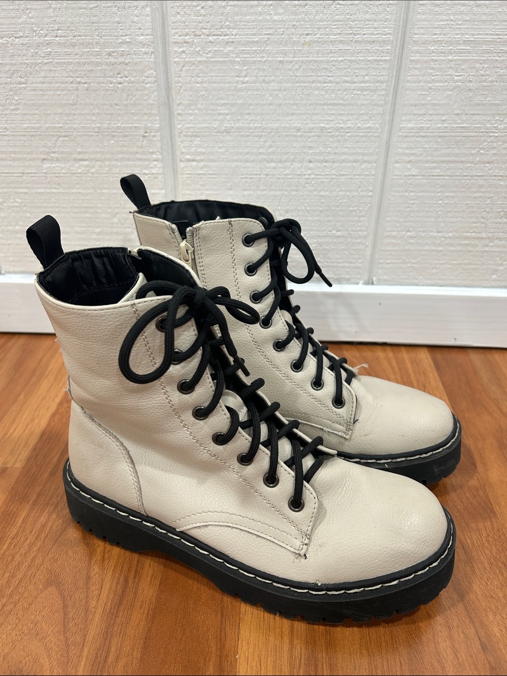 Sincerely Jules Cream Lace-Up Combat Boots with Black Trim